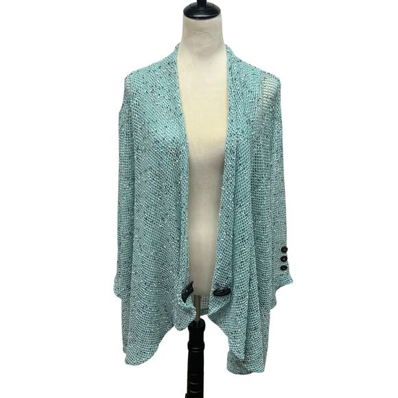 Coastal Grandma Aqua Open Knit Cardigan Button Trim Artsy Textures 1X - Picture 1 of 6